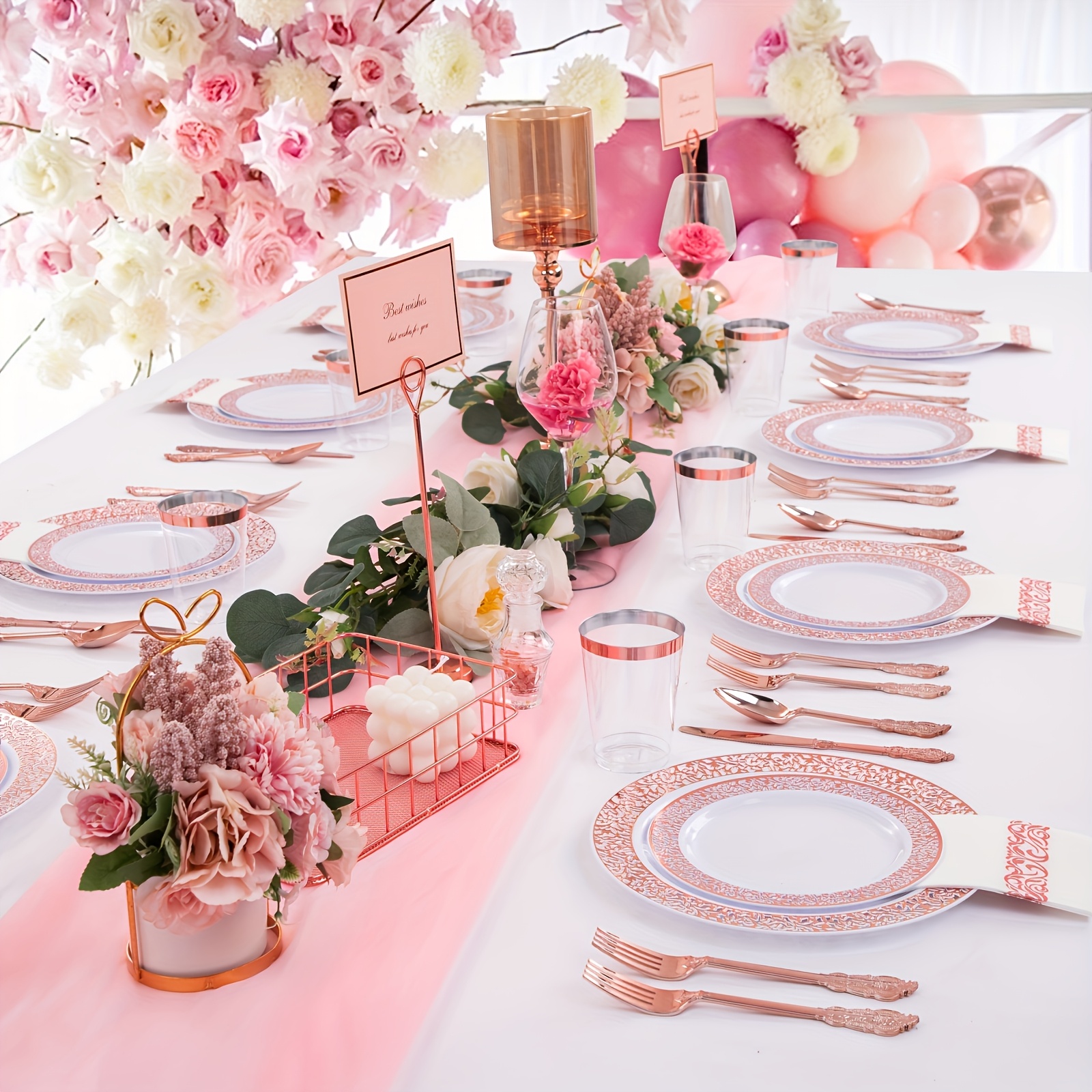 350pcs rose gold plastic tableware set for 50 guests rose gold edge lace design including 50 dinner plates 50 dessert plates 50 forks 50 knives 50 spoons 50 cups 50 napkins suitable for parties weddings easter mothers day and daily use details 8