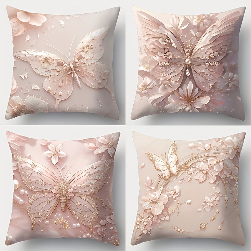 

4pcs Set Pink Floral & Butterfly Throw Pillow Covers - Modern Zippered Polyester Cushion Cases, Machine Washable, Vintage Style For Living Room Decor