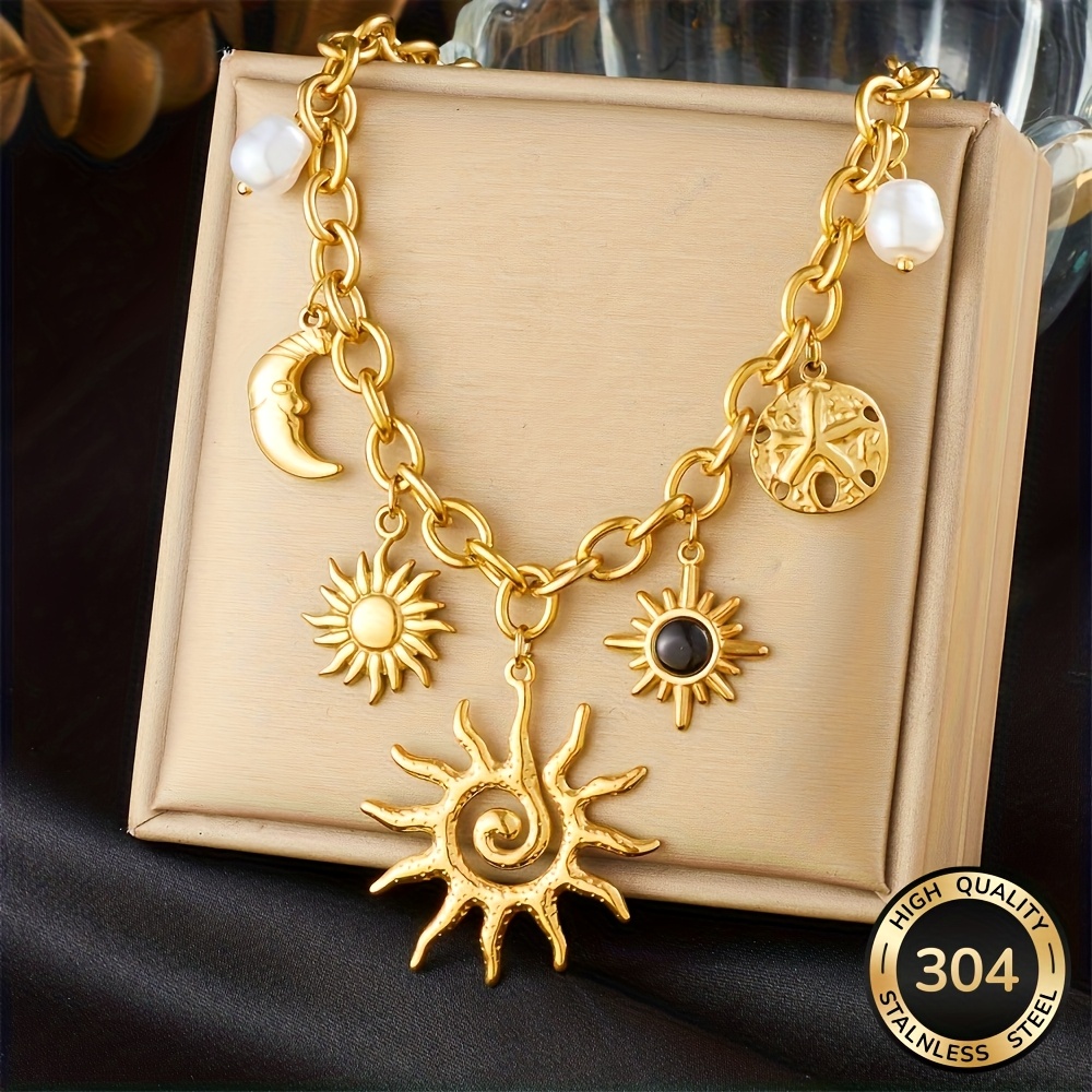E-shop Bohemian Retro Trendy Hip Hop Multi-Element Sonnenanhänger Goldenes 304 Edelstahl Damen Halskette