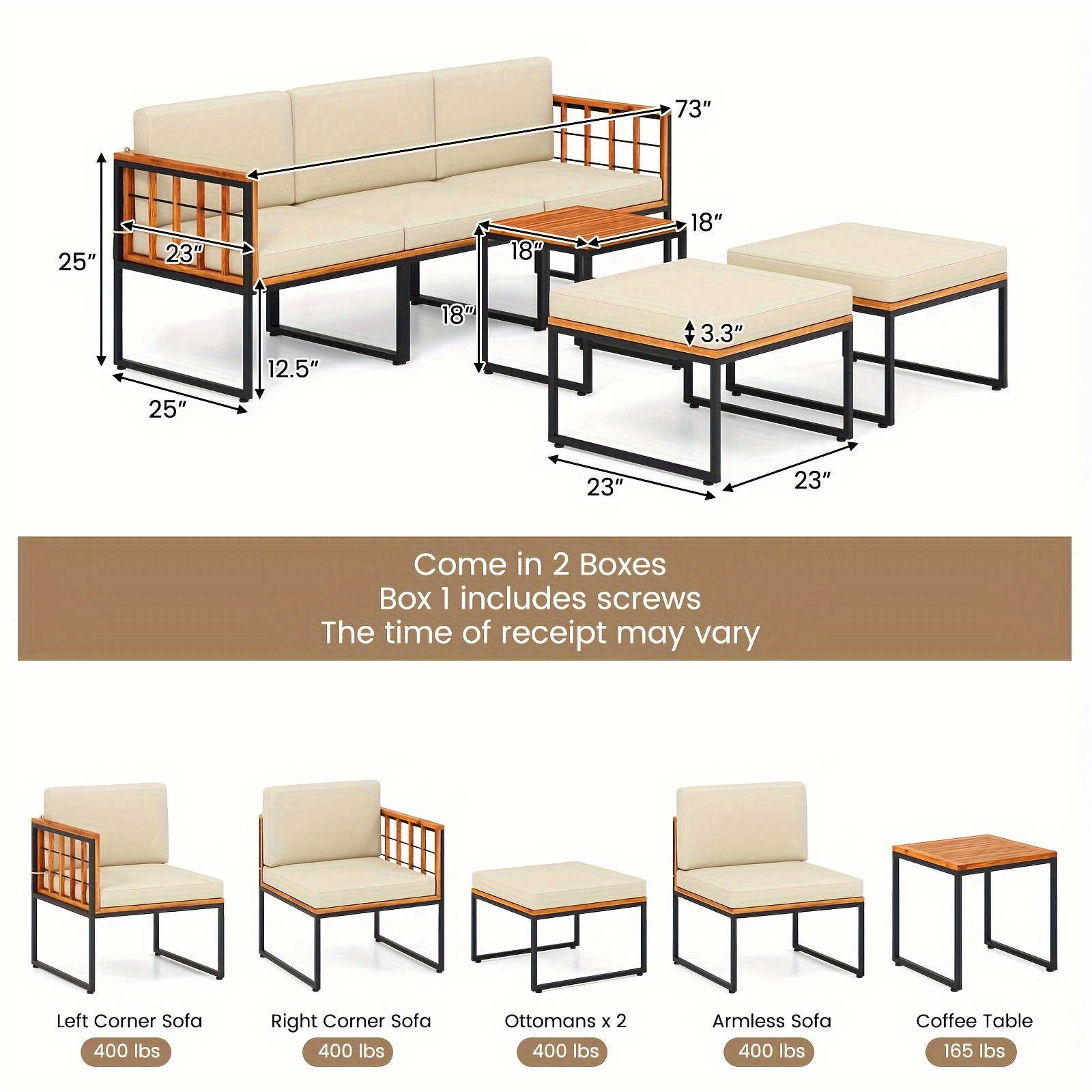 Conjunto de muebles de patio de madera de    , sofá de conversación   para exteriores de 6 piezas