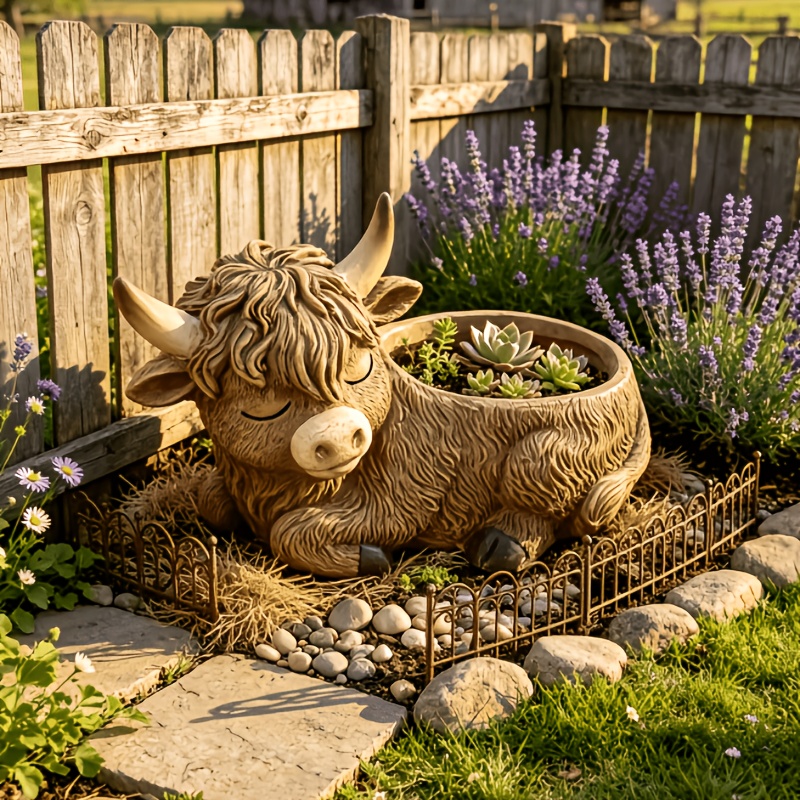 TEMU 1pc Resin Highland Cow-shaped Flower Pot, Simulated Fur Texture Succulent Planter, Suitable For Indoor And Outdoor Use, Gift For Plant Lovers