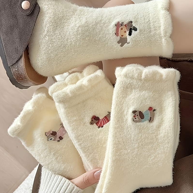 

4 Pairs Of Winter Solid Color Socks Female Cute Cartoon Plus Velvet Padded Warm Socks Japanese Autumn And Sleep Socks