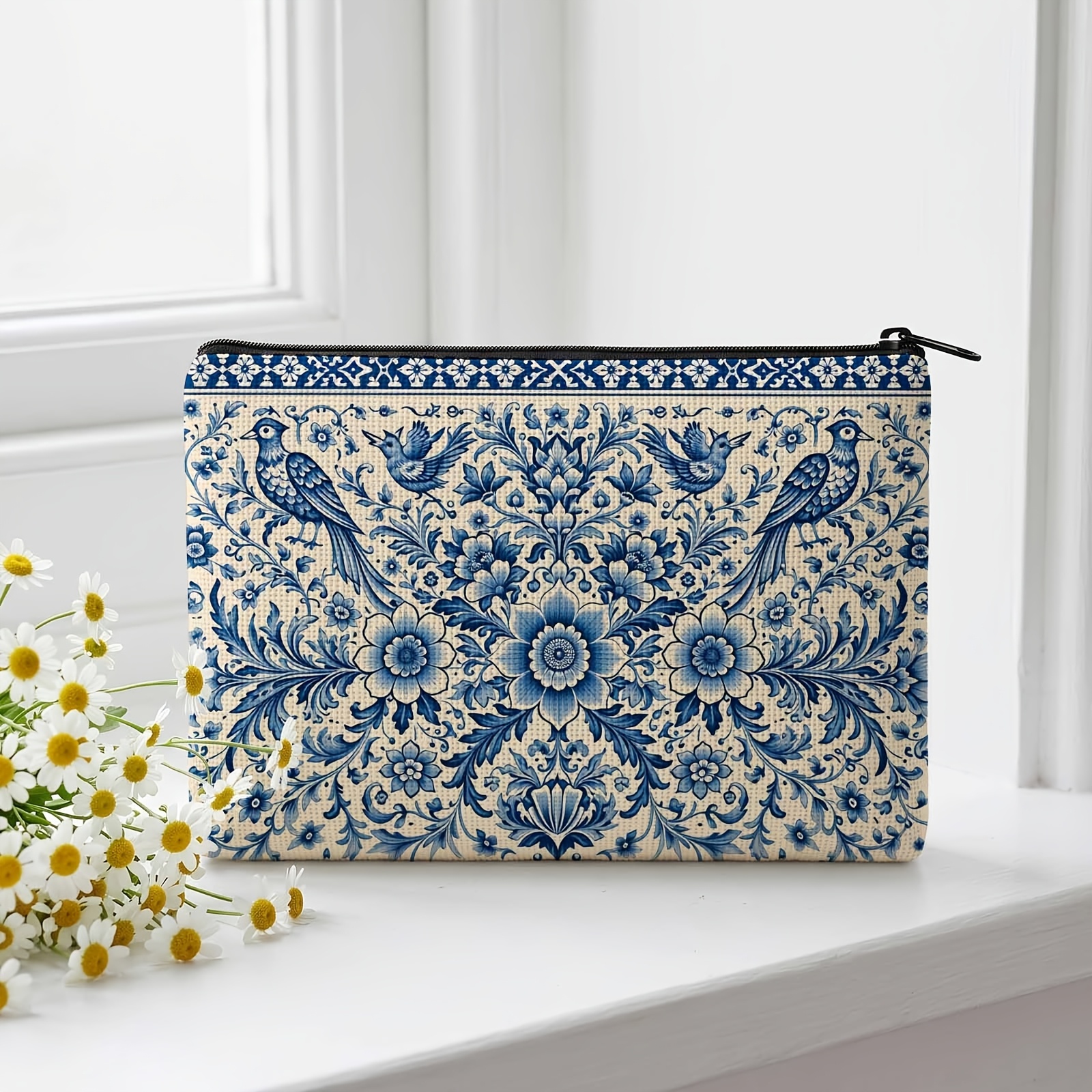 TEMU 1 pièce Trousse à cosmétiques durable avec motif d'oiseaux et de fleurs, trousse de toilette de voyage et pochette de rangement, parfaite pour