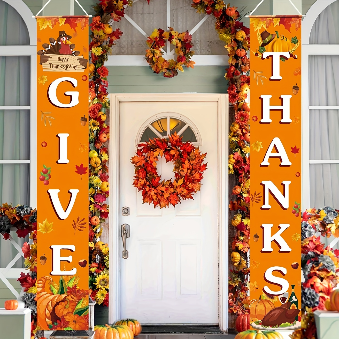 

Give Thanks" 2pcs Banner Set - Autumn & Fall Welcome Porch Signs For Indoor/outdoor Thanksgiving Decor