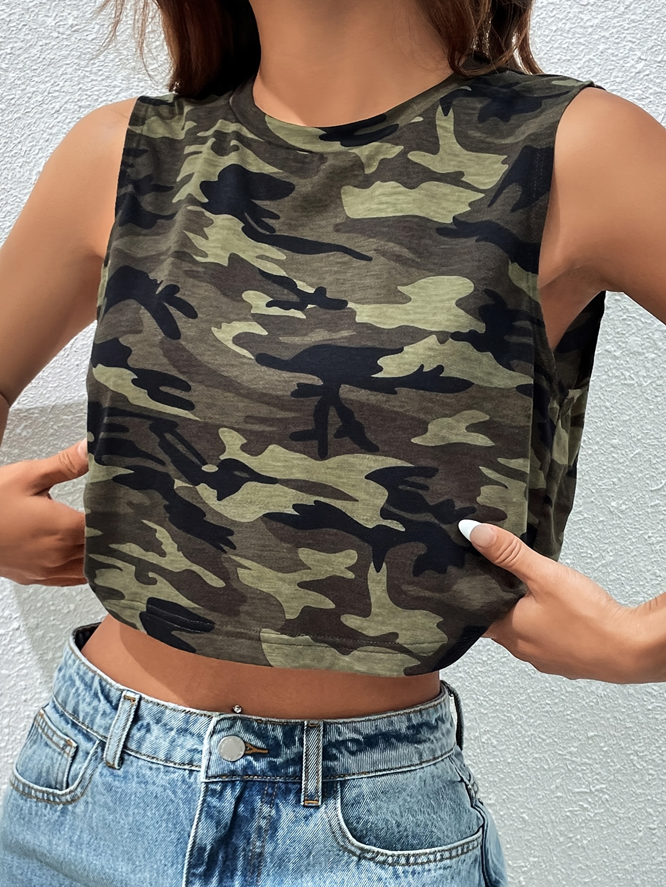 Top de manga corta de estampado de camuflaje para mujeres estiramiento  ceñido, estampado de camuflaje, lavable en máquina par