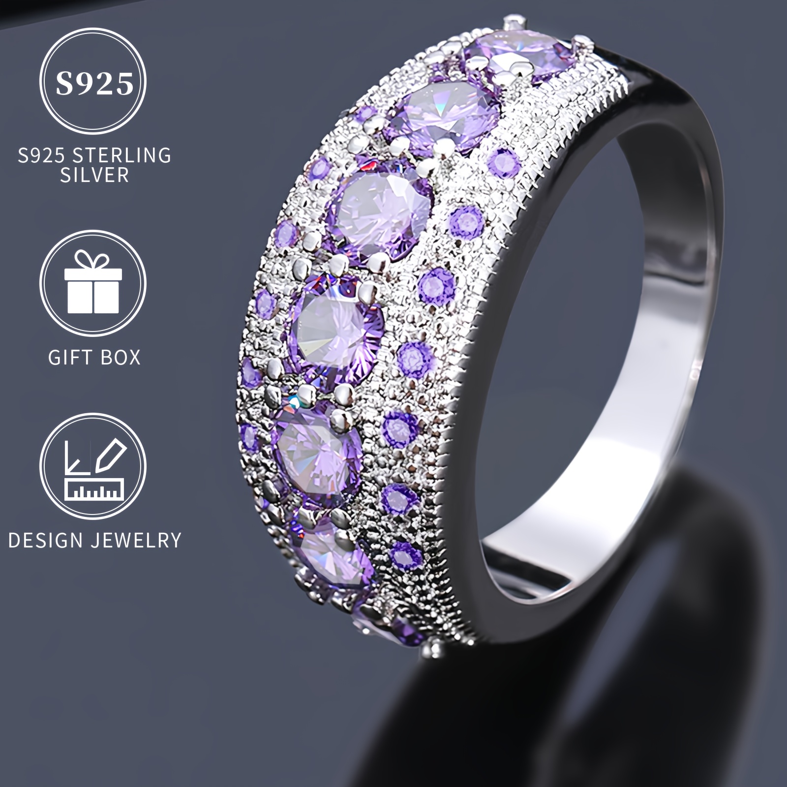 

Pure S925 Silvery Diamond Ring Low Allergy Nickel Free Women's Purple Synthetic High Quality Ring Jewelry Anniversary Gift Proposal Gift Gift Box