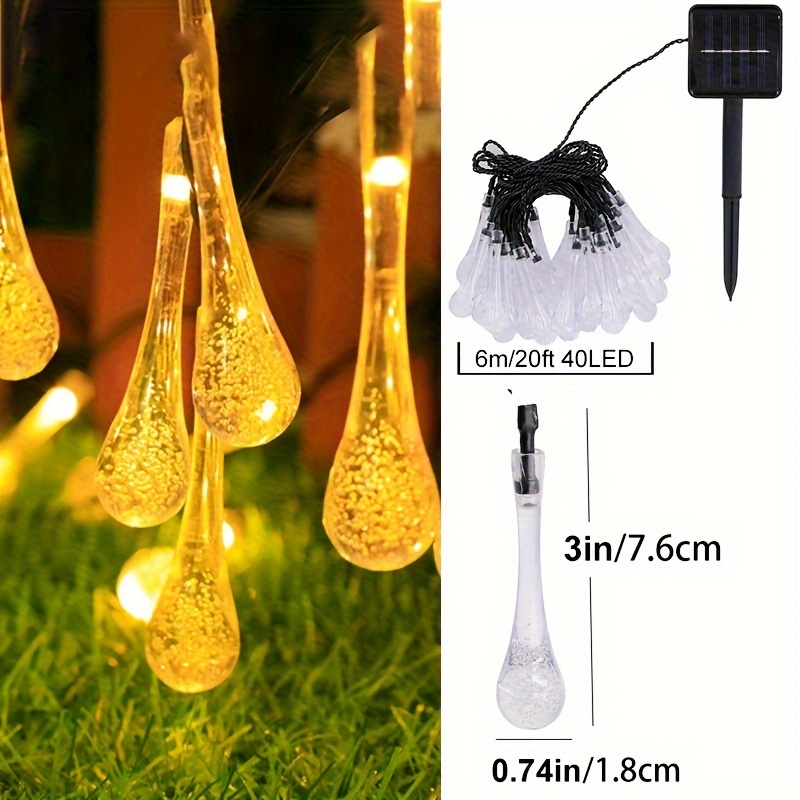 guirlande lumineuse solaire en forme de goutte deau, 19ft/32ft - mode scintillant pour jardin, cour, décoration de mariage & fête, blanc chaud blanc chaud 19ft 40 perles de lampe   unis 8