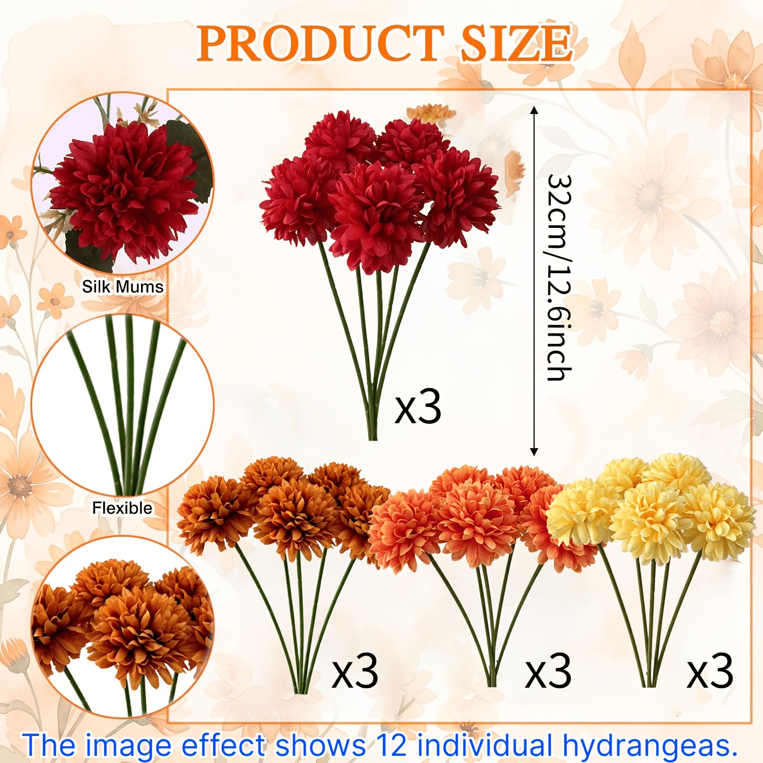 TEMU 12 Bundles Of Autumn Artificial Chrysanthemums, Uv-resistant Fake Fall Chrysanthemums With Green Leaves, Artificial Flowers For Thanksgiving