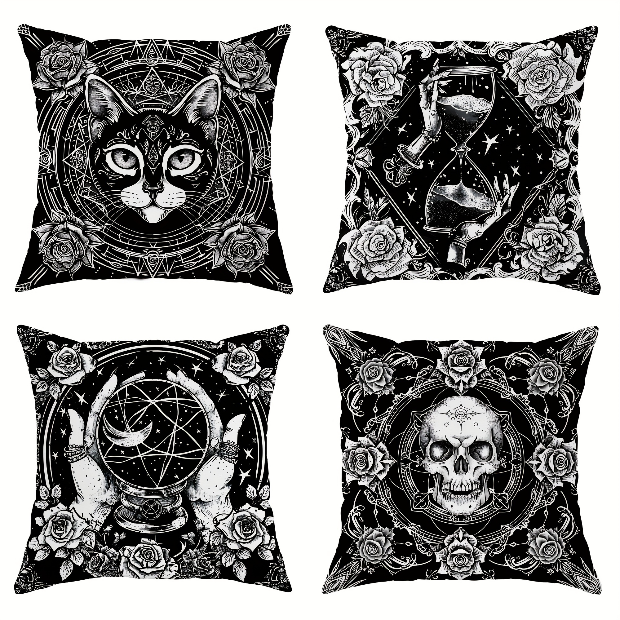 

Jit Set Of 4 Gothic Black Cat & Floral Velvet Cushion Covers, Contemporary Style, Machine Washable, , Zippered, For Living Room Sofa & Bedroom Decor, 18x18 Inches - Polyester Fabric, No Insert