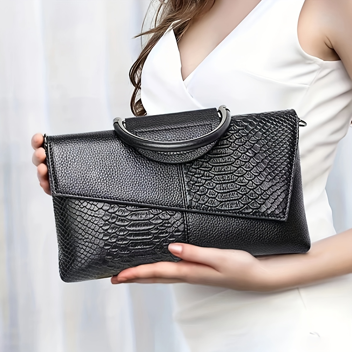 2025 Women's Evening Crocodile-Embossed Crossbody Clutch - Detachable Strap, Magnetic Closure, Fade-Resistant, Red/Black, Versatile for Weddings, Parties & Formal Events, Wedding Accessory, Elegant Accessory, Faderesistant Fabric
