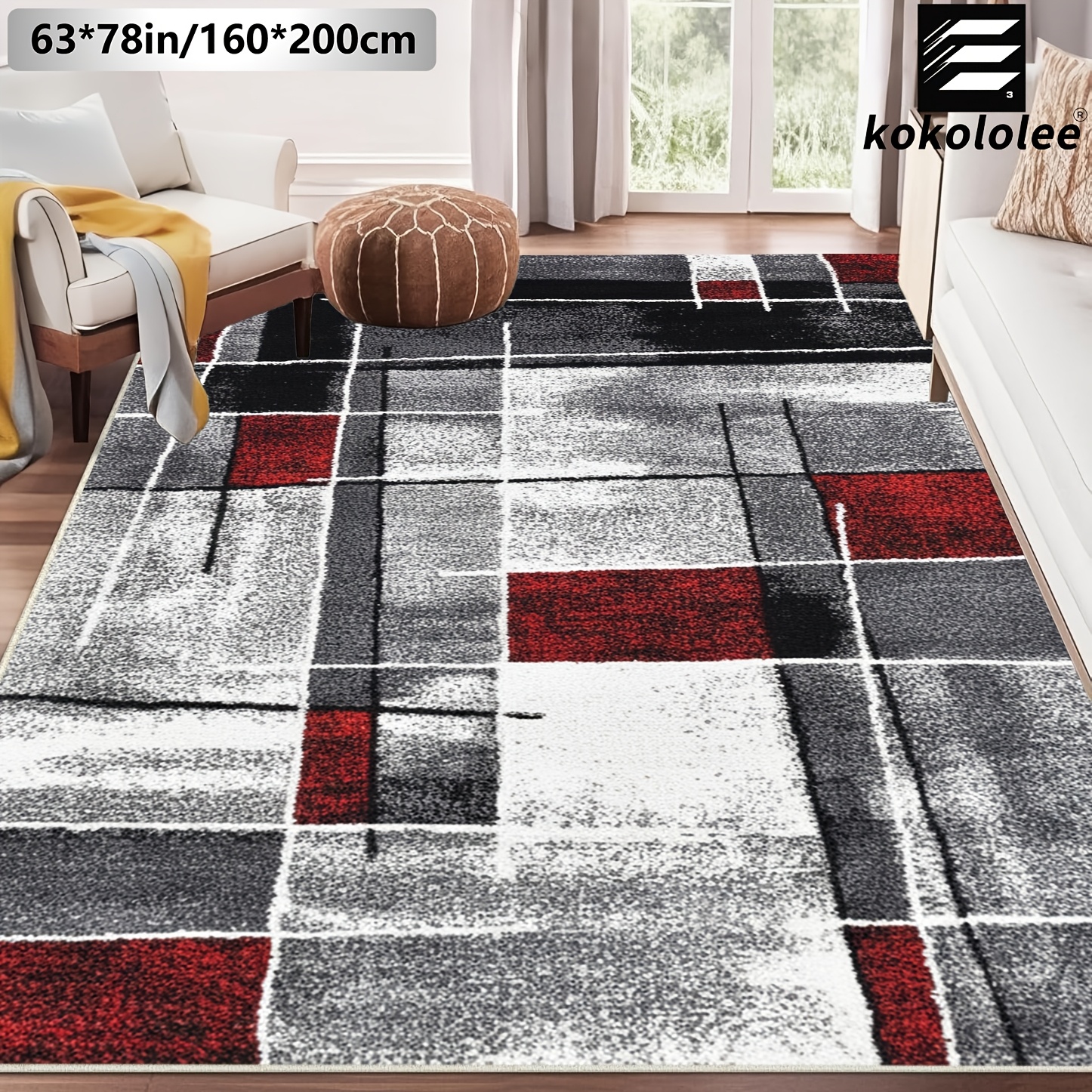 TEMU Velvet 1pc Kokololee Luxury Velvet Area Carpet - Geometric Black White Red Pattern Carpet, Non-slip Backing, Machine Washable, 100% Polyester