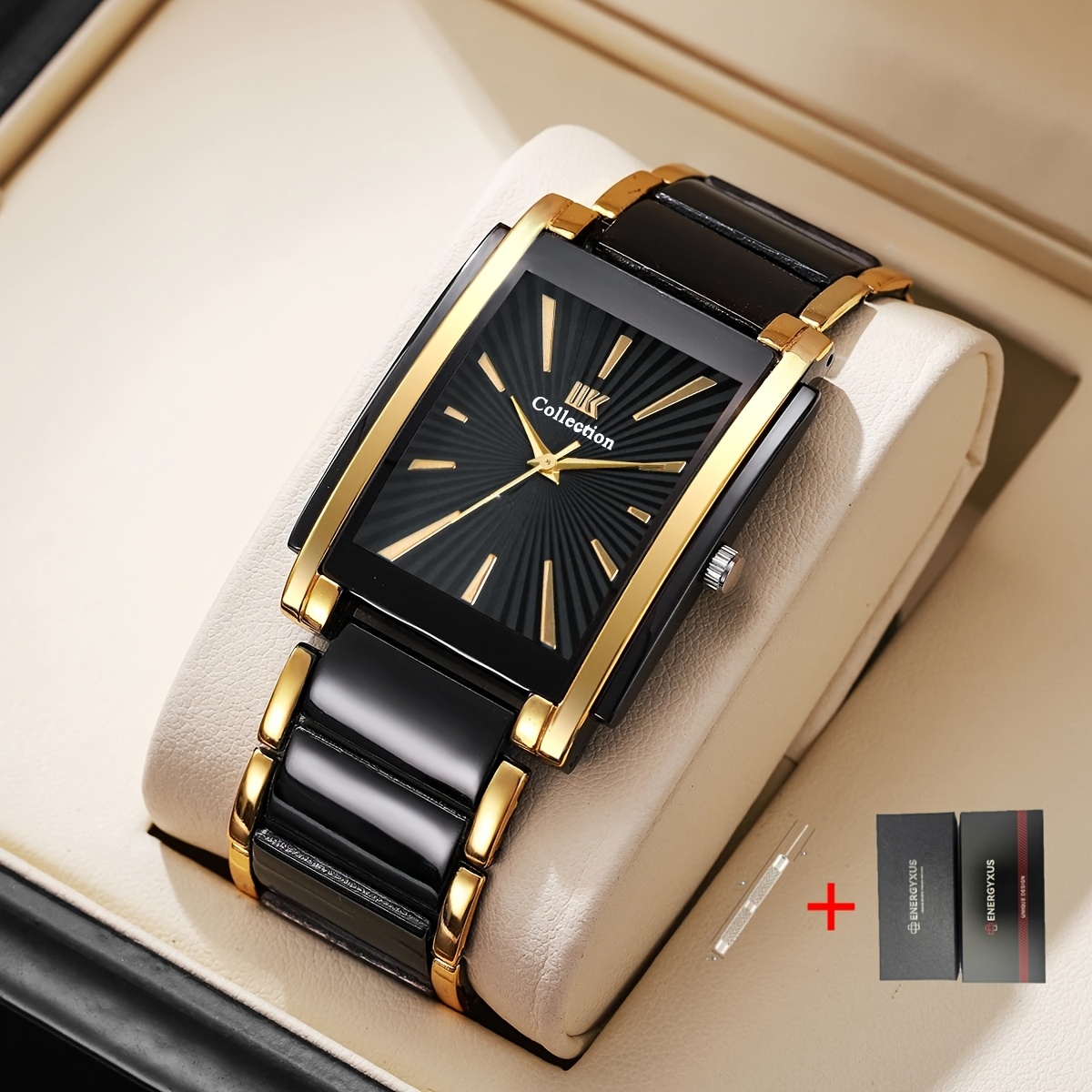 TEMU Luxury Rectangular Men's Business Wristwatch Stainless Steel Strap Men's Watch With Gift Box, Without Battery