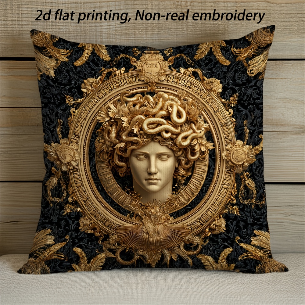 TEMU 2d Flat Printing, 1pc Golden Medusa Ornament Double-sided Printed Cushion Cover, Retro Style Polyester Pillowcase For Living Room Sofa Bedroom