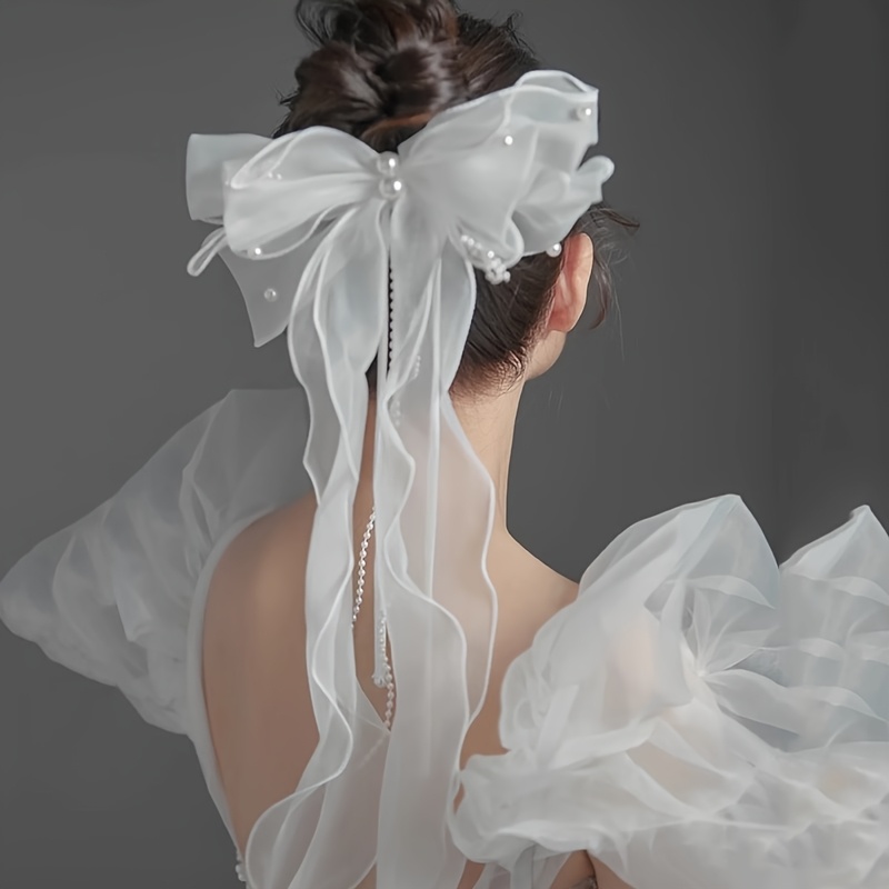 TEMU 1pc White Mesh Pearl Bow Hair Clip Bridal Headdress With Pearl Transparent Gauze Bow Headdress Wedding Bridesmaid Elegant Additions Daily Wear