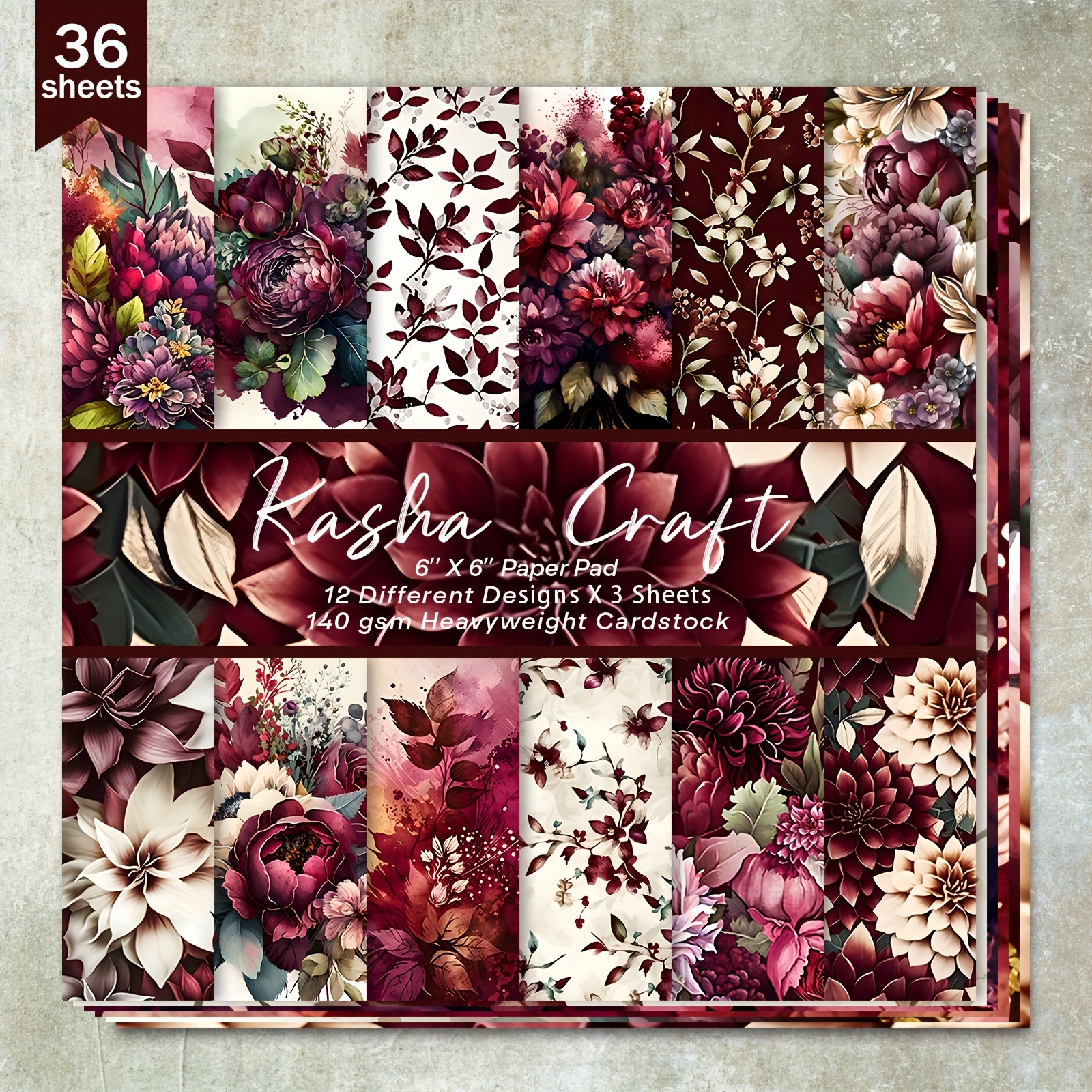 

36-sheet Floral Craft Paper Pad, Vintage Burgundy Flower Patterns, Heavyweight Cardstock For Scrapbooking, Bullet Journals, Greeting Cards, And Diy Crafts - 6x6 Inch Decorative Paper Pack