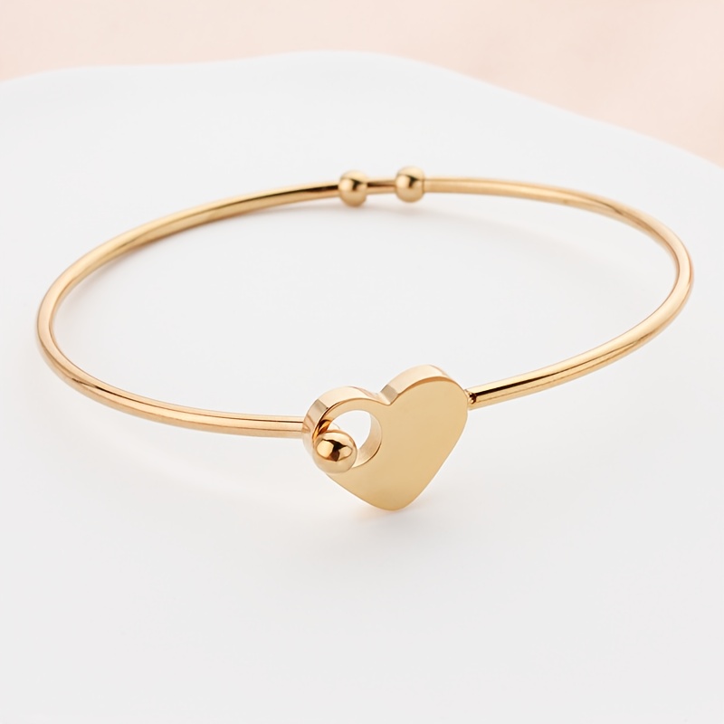 Image of 1pc Women' Steel Bracelet, Heart Open Bangle With Heart-shaped Clasp, Design Ladies' Bracelet