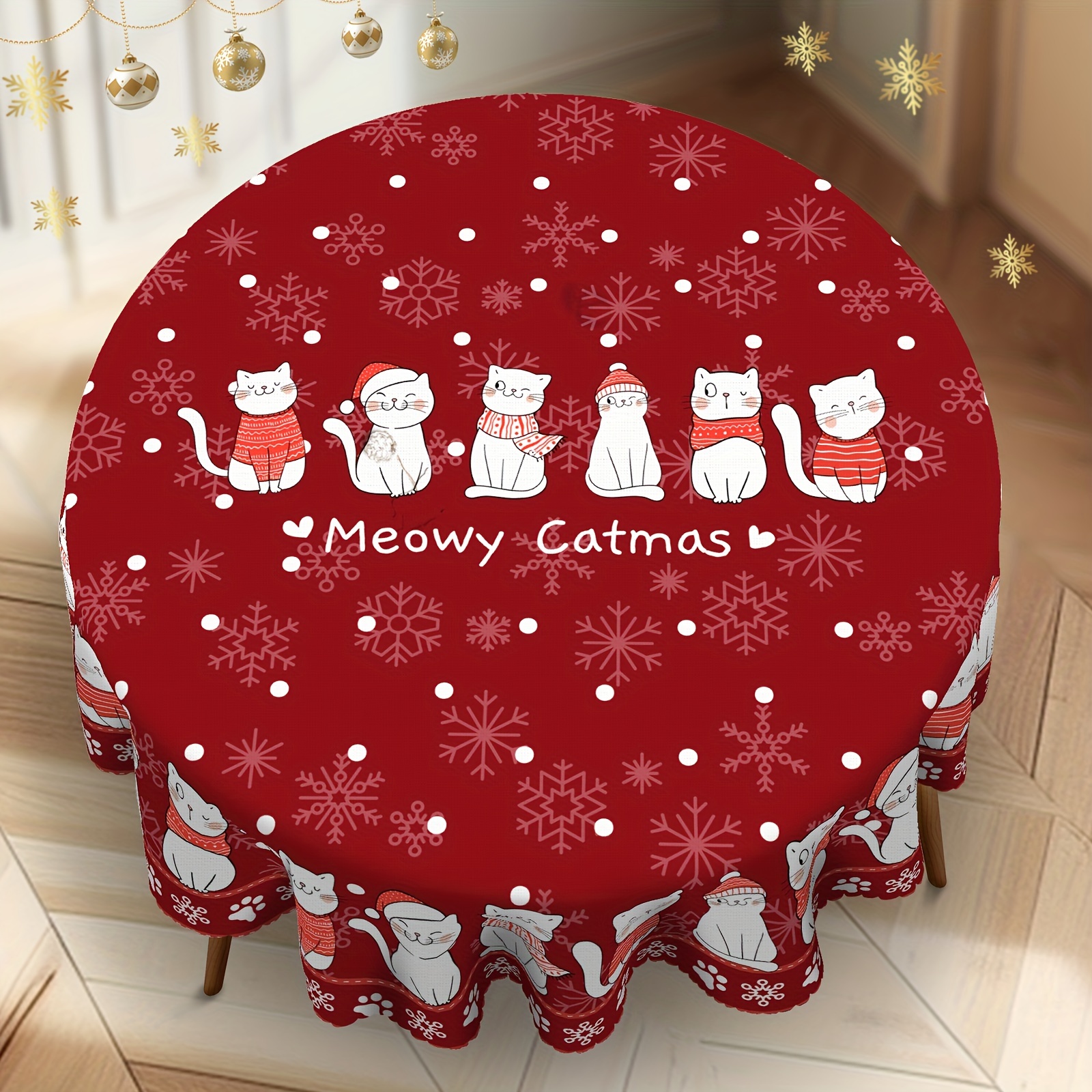 

1pc, Christmas Tablecloth With Cute Cat Pattern, Polyester, Machine-made, Waterproof, Stain-resistant, With Embossed , Home & Party Holiday Decor - Ideal For Christmas, New Year, Winter