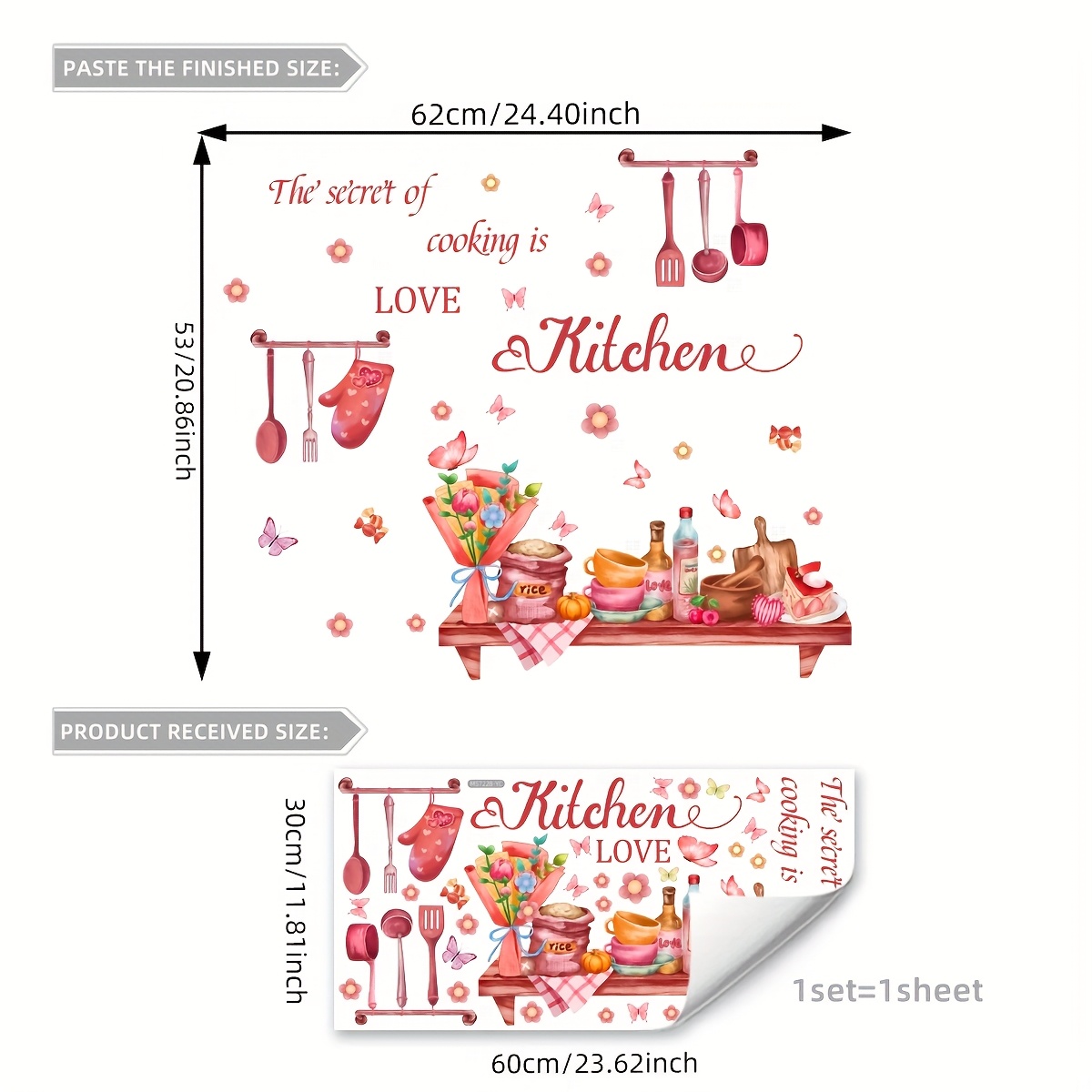 Image of 1 Sheet (30 X 60cm) Pink Kitchen Tableware Flowers Home Decor Wall Stickers Background Wall Stickers (ms7228-yc)