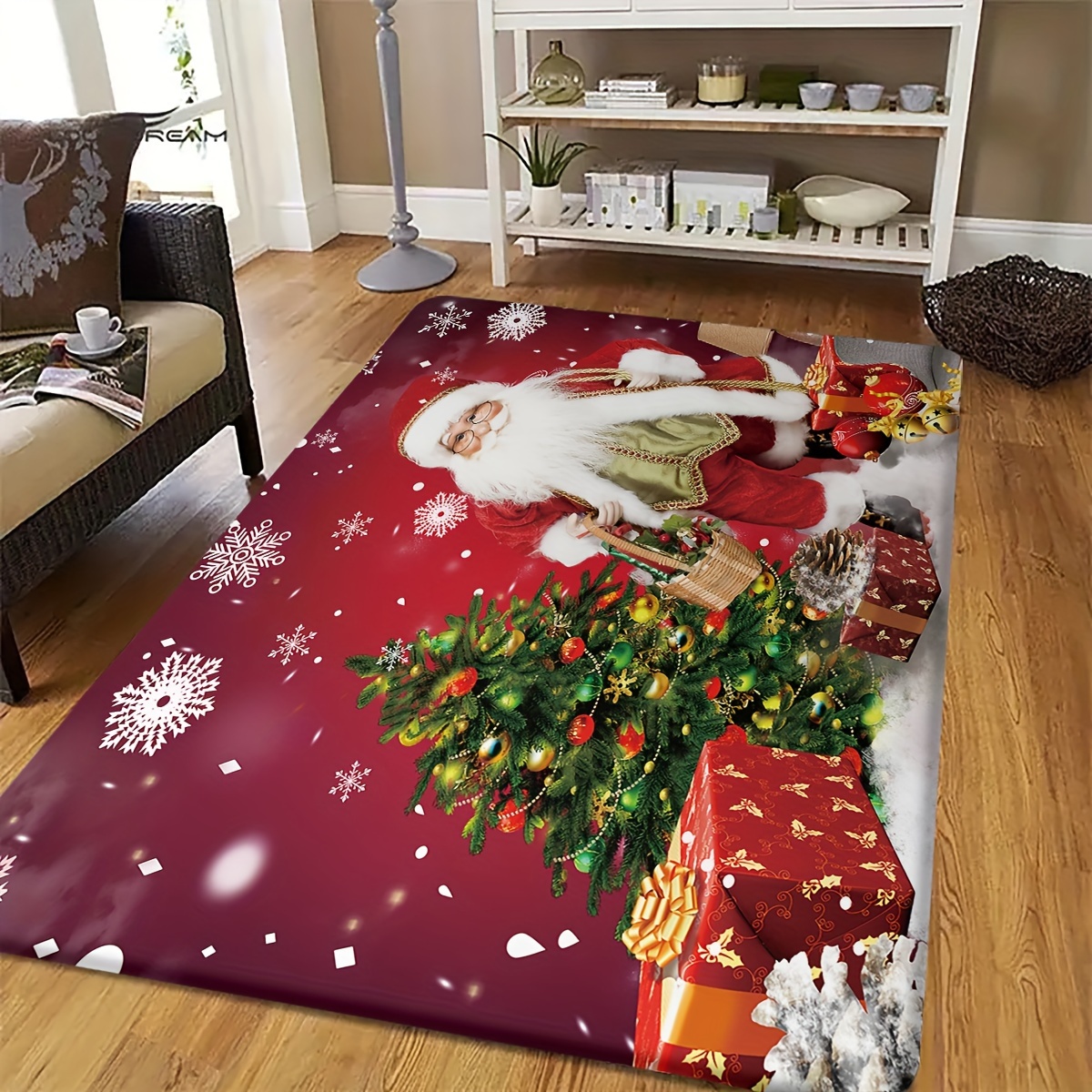 

1pc Jit Christmas Door Mat, Santa Claus & Tree Red Print, Non-slip Polyester Rug For Home Entrance, Living Room, Bedroom, Kitchen, Bathroom, Laundry, Hand Wash Only, Rectangular Shape, Holiday Decor