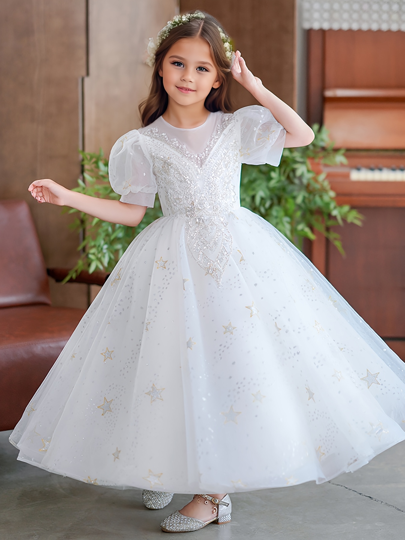 item picture girls elegant long formal dress with lantern sleeves geometric lace overlay white princess party wedding guest gown for a line tulle skirt special occasion attire princess dress for girls formal wear sophisticated