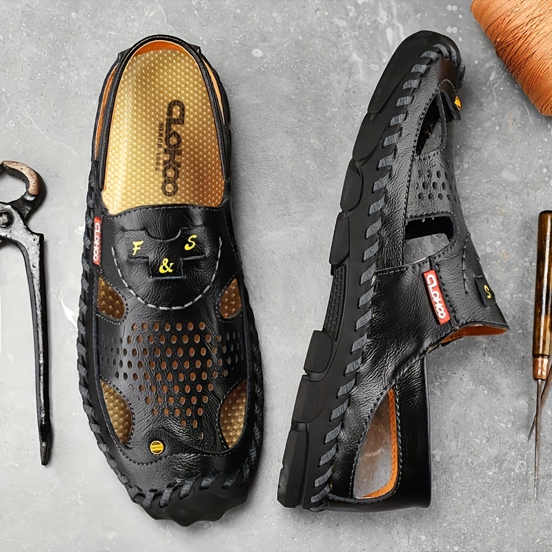 Genuine Leather Slip-On Sandals Low-Top Casual Shoes with Rubber Sole,  No Bonding, PU */Remove Summer Beach Vacation Footwear (Brown)