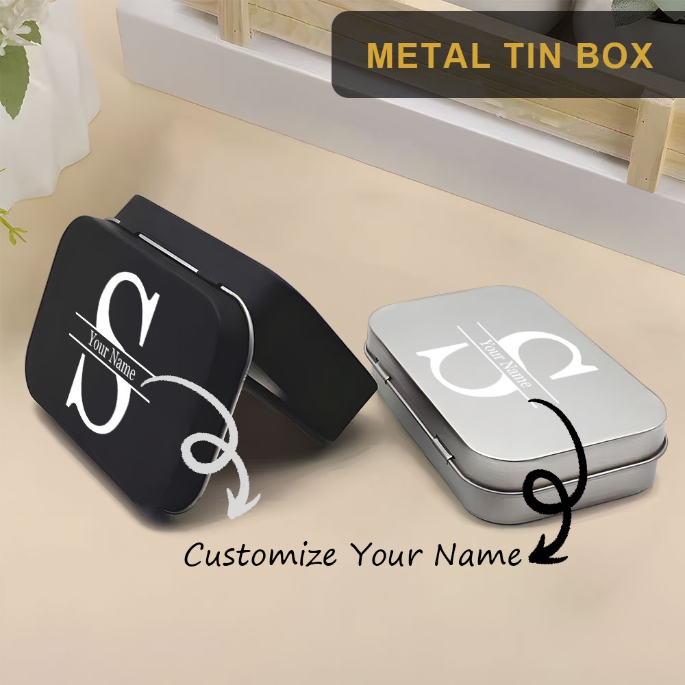 1pc Personalized Custom Initial Name Text Metal Tin Box, Snap Closure Rectangular Tin Storage Container with Hinged Lid, Mini Portable Small Lid Storage Box, Durable Metal Material, Easy to Travel, Great for Home Storage, Cards and Other Small Items