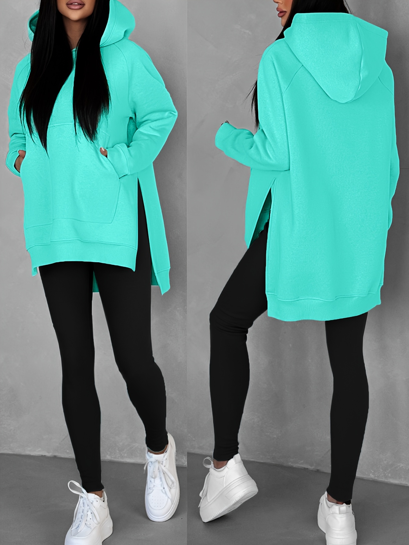 γυναικείο χουχουλιάρικο φλις μπλούζο με κουκούλα, πλαϊνό σκίσιμο & τσέπες - μακρυμάνικο casual πουλόβερ, μονόχρωμο, ζεστό & κομψό για φθινόπωρο/χειμώνα, casual φούτερ, |φλις μπλούζα με κουκούλα|φλις μπλούζα με τσέπες, μπλούζα φλις Στοιχεία είδους 48