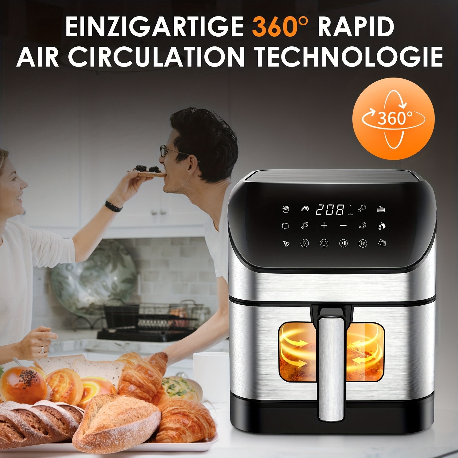E-shop 8,1L Heißluftfritteuse mit Sichtfenster, 10-in-1 Hochleistungskochen für knusprigere Ergebnisse, platzsparendes Design, Fritieren, Backen,