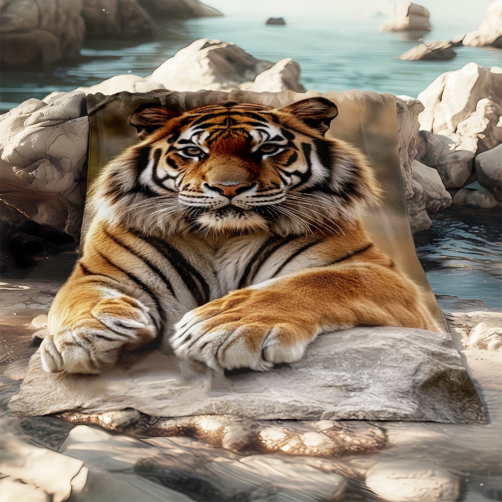 TEMU 2d Flat 1pc Tiger Lying Down Blanket - Lightweight Flannel Throw For Sofa, Outdoor, Camping, Living Room, Office, Chair, And Bed - Digital