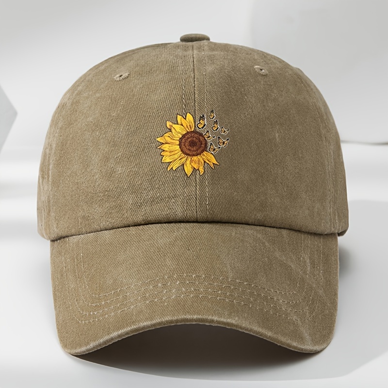 Vintage Washed Distressed Baseball Cap Sunflower Butterfly Print Khaki NEW  UK