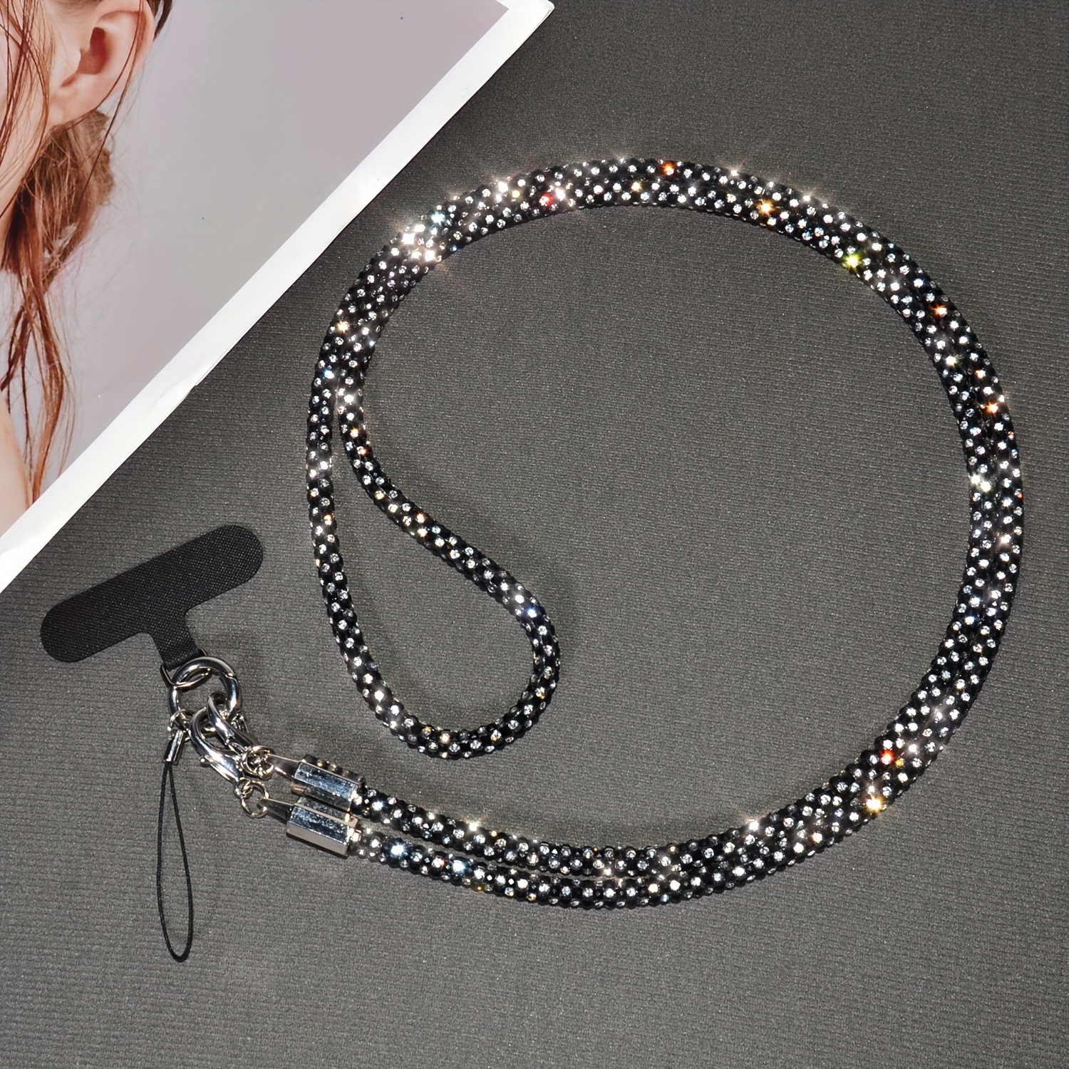 Elegant Diamond Mobile Phone Lanyard In Black, Designed To Prevent Loss; A Stylish Outdoor Travel Bag Strap, Featuring A Beautiful And Shoulder Strap