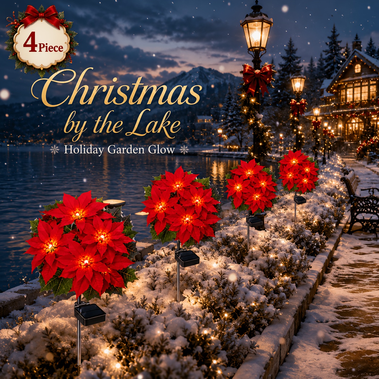 TEMU 4er Set 70cm Solarbetriebene Weihnachtsbeleuchtung mit sieben Poinsettienköpfen, rote Simulationsblumensträuße mit warmweißen LED-Blumenherzen,