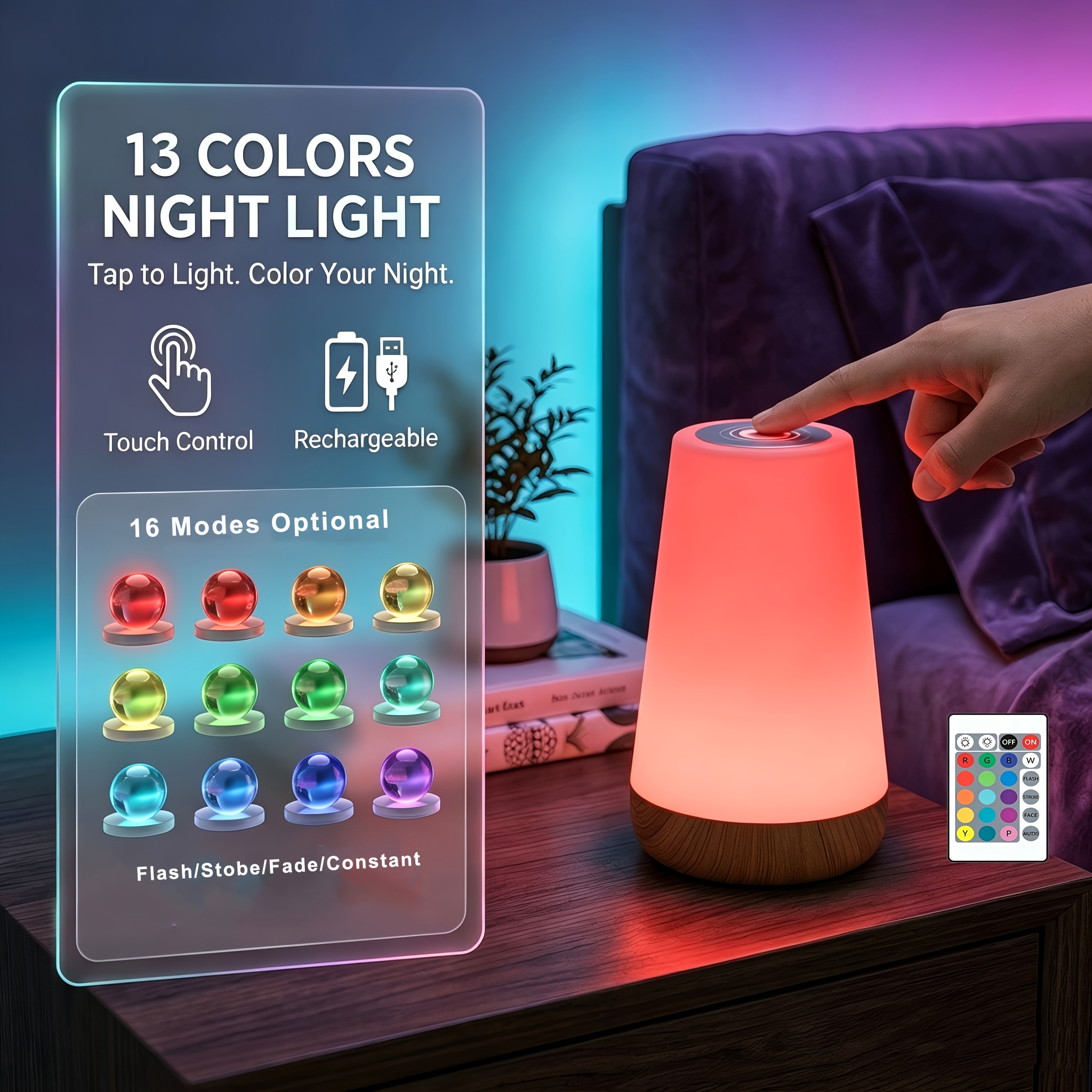 TEMU Led Table Lamp, Smart Touch Night Light - With Remote Control, 13 Colors 16 Bedside Lamps, Usb Rechargeable, Dimmable Warm White And 12 Colors