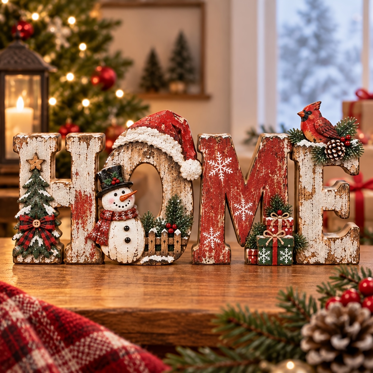 TEMU 1pc Ornement de table en bois rustique de ferme pour Noël, panneau de maison de Noël en bois vintage avec de neige, sapin de Noël et oiseau