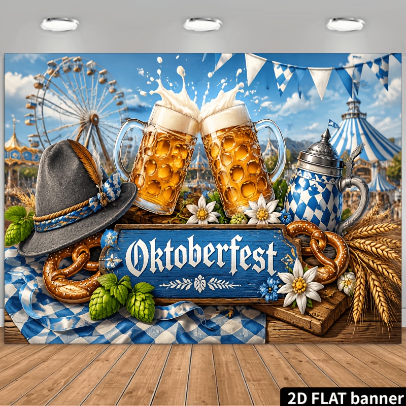 TEMU Oktoberfest Backdrop With German Beer Mugs, Pretzels & Hats - Checkered Wheat Themed Wall Decoration Suitable For Themed Parties, Photo Booth