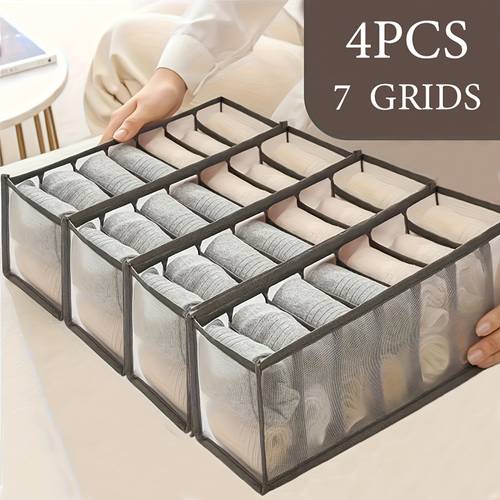 4pcs set of 7 compartment folding storage boxes non woven fabric drawer organizer with mesh panel suitable for pants underwear trousers and travel accessories space saving wardrobe storage box