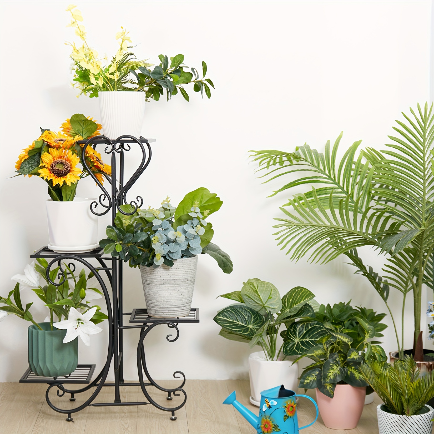 TEMU Support de plantes en métal noir à 4 niveaux, étagère d' pour pots de fleurs d'intérieur et d'extérieur