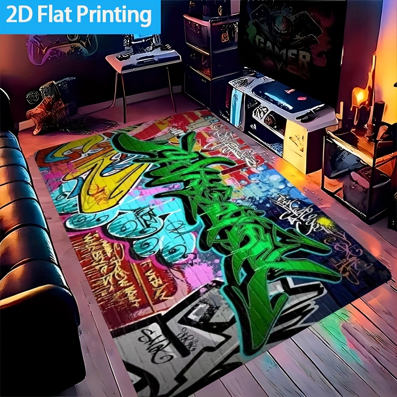 TEMU Flanell-Fußmatte für das Wohnzimmer mit 2D-Flachdruck lebendigen, farbenfrohen Graffiti-Buchstaben-Aufdrucken, ein Zentimeter dick, eine