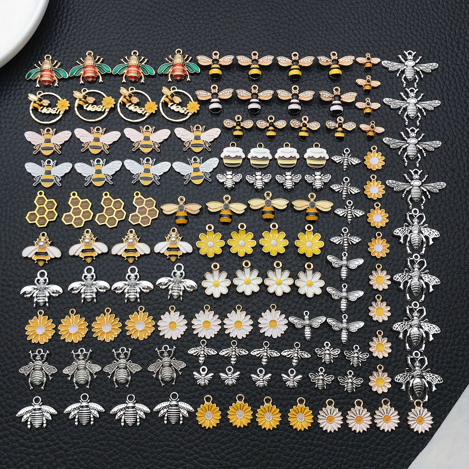 

120pcs Elegant Bee & Honeycomb Flower Charms Set - Rhinestone , Zinc Alloy Pendants For , Shoes, And Watch Accessories