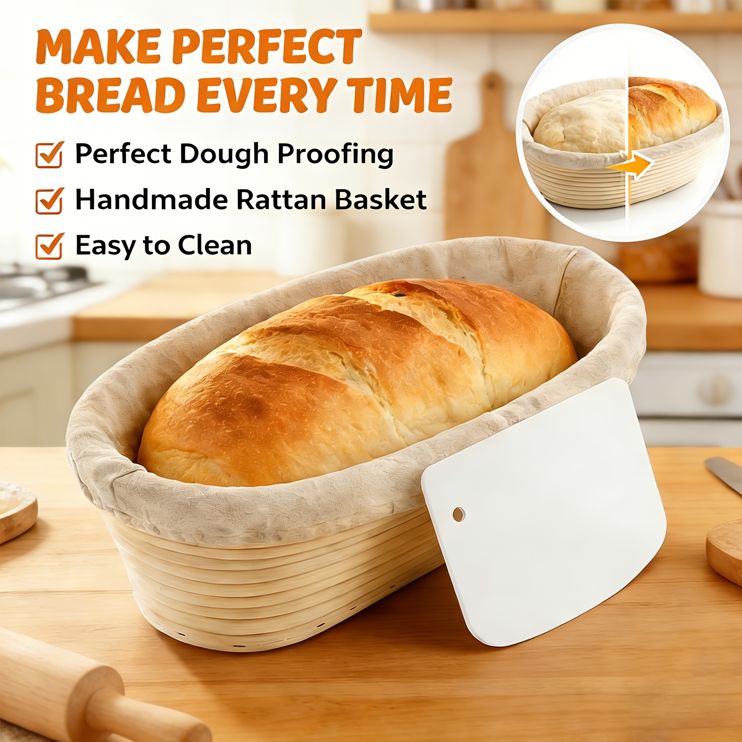 Sourdough Proofing Basket Set, Bread Proofing Basket With Linen Cover, Plastic Scraper, Easy To Wash And Clean, Dough Proofing Bowl, Oval Bread Proofing Basket For Baking, Baking Tool For Bakers