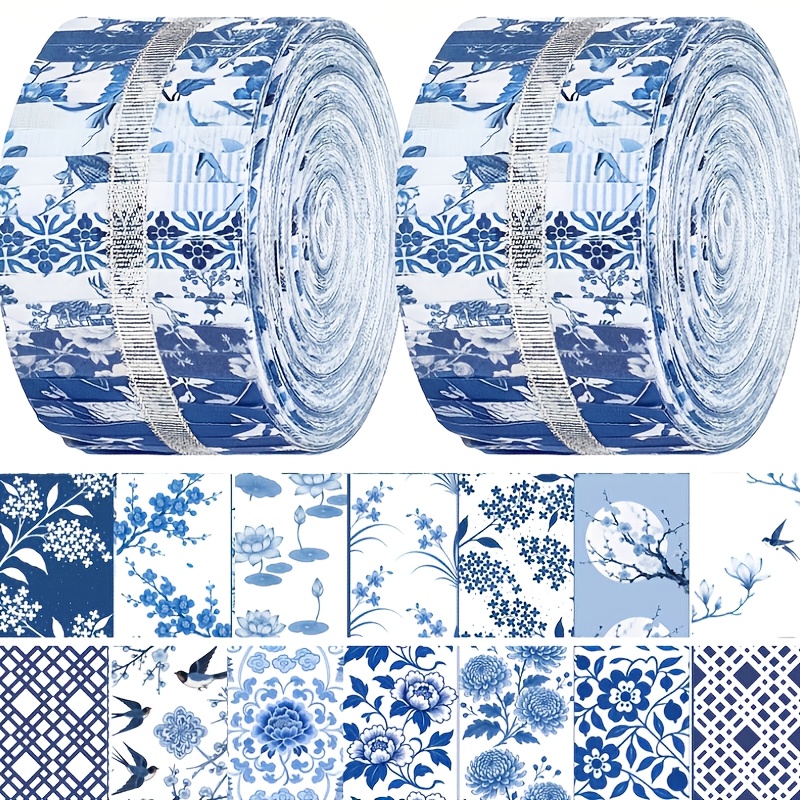 TEMU 40pcs Chinoiserie Fabric Blue White Jelly Fabric For Quilting Roll Porcelain Floral Quilting Strips Precut For Craft Sewing