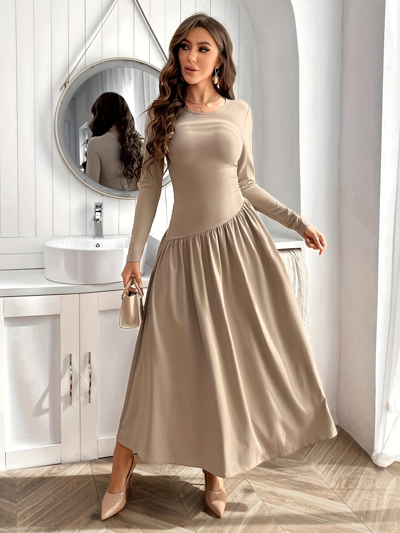 fitted lace wedding dress MO&Co. Women's Comfy Long Sleeves Casual A-Line Black Maxi Dress Black Size S main image 1