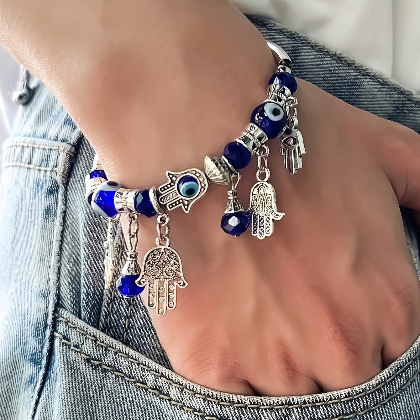 TEMU European And Eye Bead Bracelet European Retro Palm Pendant Turkish Hand Chain Suitable For Women' Wear