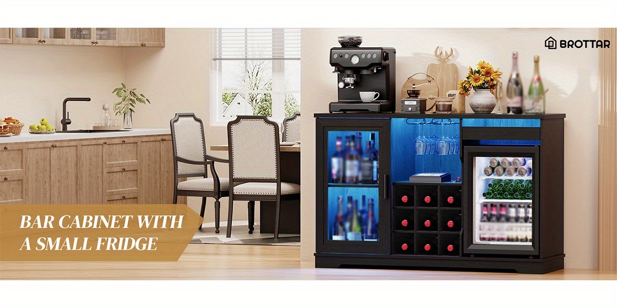 Bar Cabinet with Refrigerator, Motion Sensor, 3-Color LED Light, Glass Rack, Wine Rack, Large Storage Capacity, Mini Fridge Cabinet, Coffee Cabinet