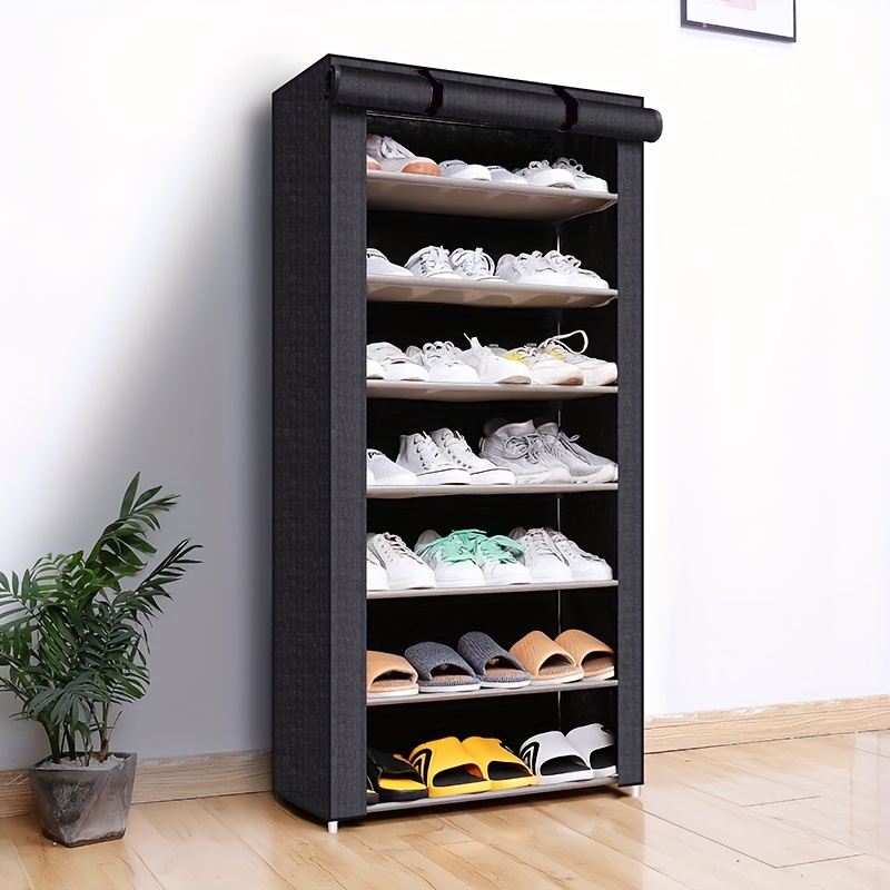 TEMU Ayqw 6 Black Multi-tier Shoe Organizer Featuring A Dust-proof Rolling Shutter Door, Easy To Assemble, Space-efficient Storage Solution For Home,