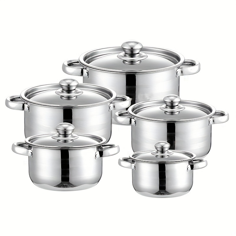 10pcs stainless steel pot set specifications are 7 09 7 87 8 66 9 45   inches stainless steel cooking pot silvery 5 pots 5 lids stainless steel double handle with lid deep soup pot suitable for home and restaurant cooking suitable for soup hot   spaghetti   details 2