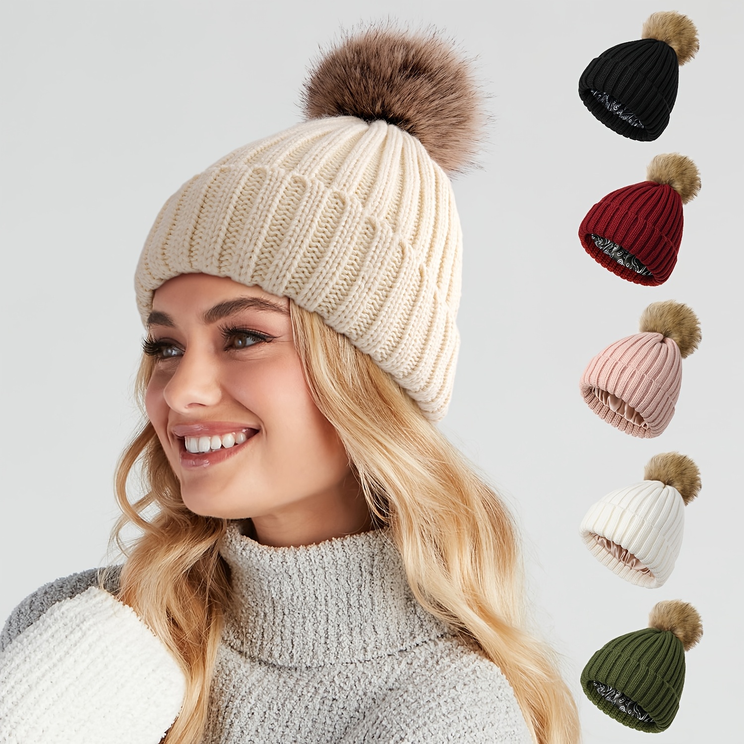 

Women's Satin Lined Fur Pom Pom Beanie Hat - Warm Knit Winter Hat With Breathable Design - Acrylic Fiber