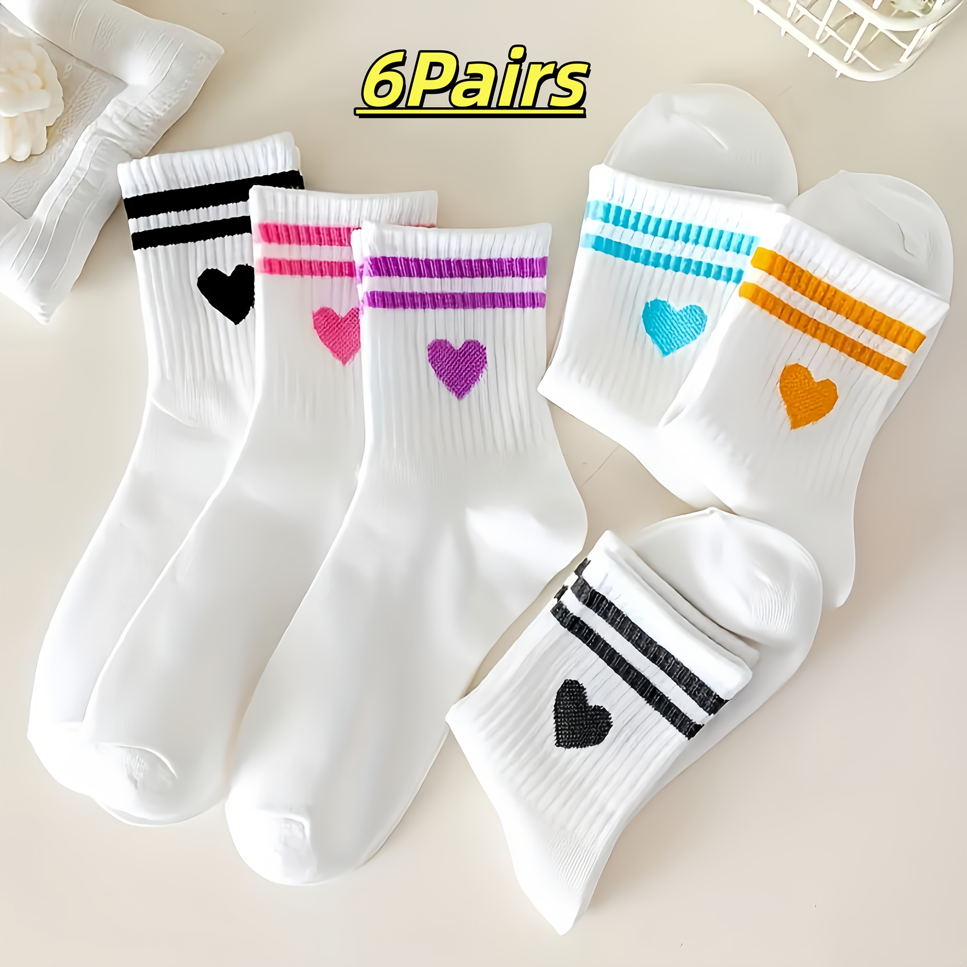 TEMU 6-pair Heart Embroidered Striped Mid-calf Socks, Sweet And Cute Versatile Vertical Stripe Stretchy Comfortable Japanese-style Schoolgirl Casual
