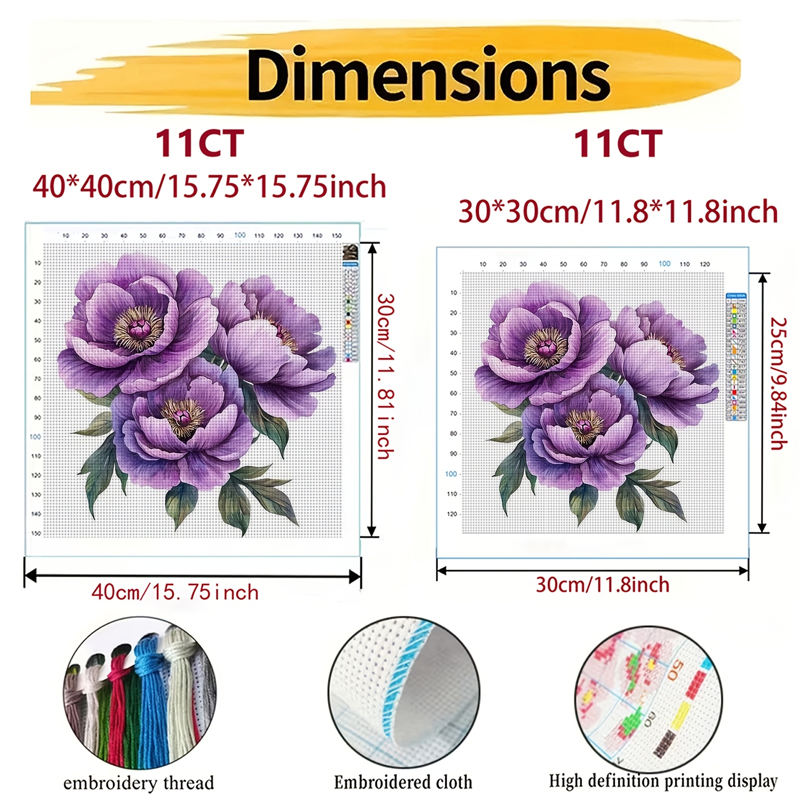 DIY Cross-Stitch Printed Kit with Three Purple Peonies