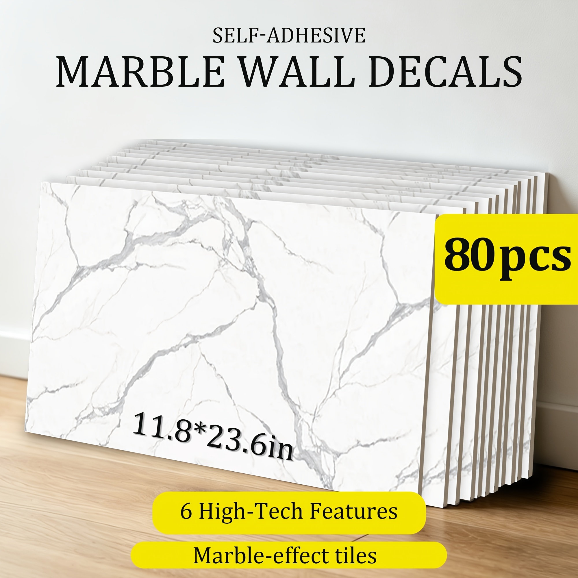 TEMU 80/60/40/20 pièces Carreaux Muraux Autoadhésifs Effet Marbre, Autocollants Muraux en Mousse Vinyle, Papier Peint Mural à Motif Doré Facile,